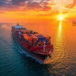 Aerial view of a cargo ship leaving port at sunset, fully laden with containers